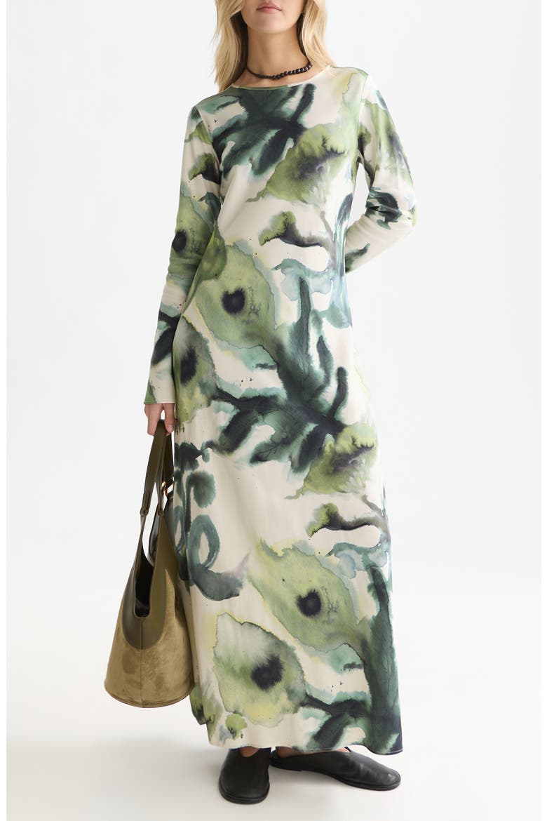 Print Long Sleeve Ankle Length Dress, Main, color, WATERCOLOURFLOWER BALSAM GREEN