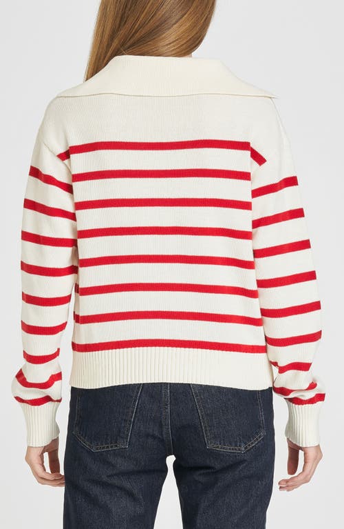 Wayf Port Stripe Johnny Collar Cotton Sweater In Ivory Red