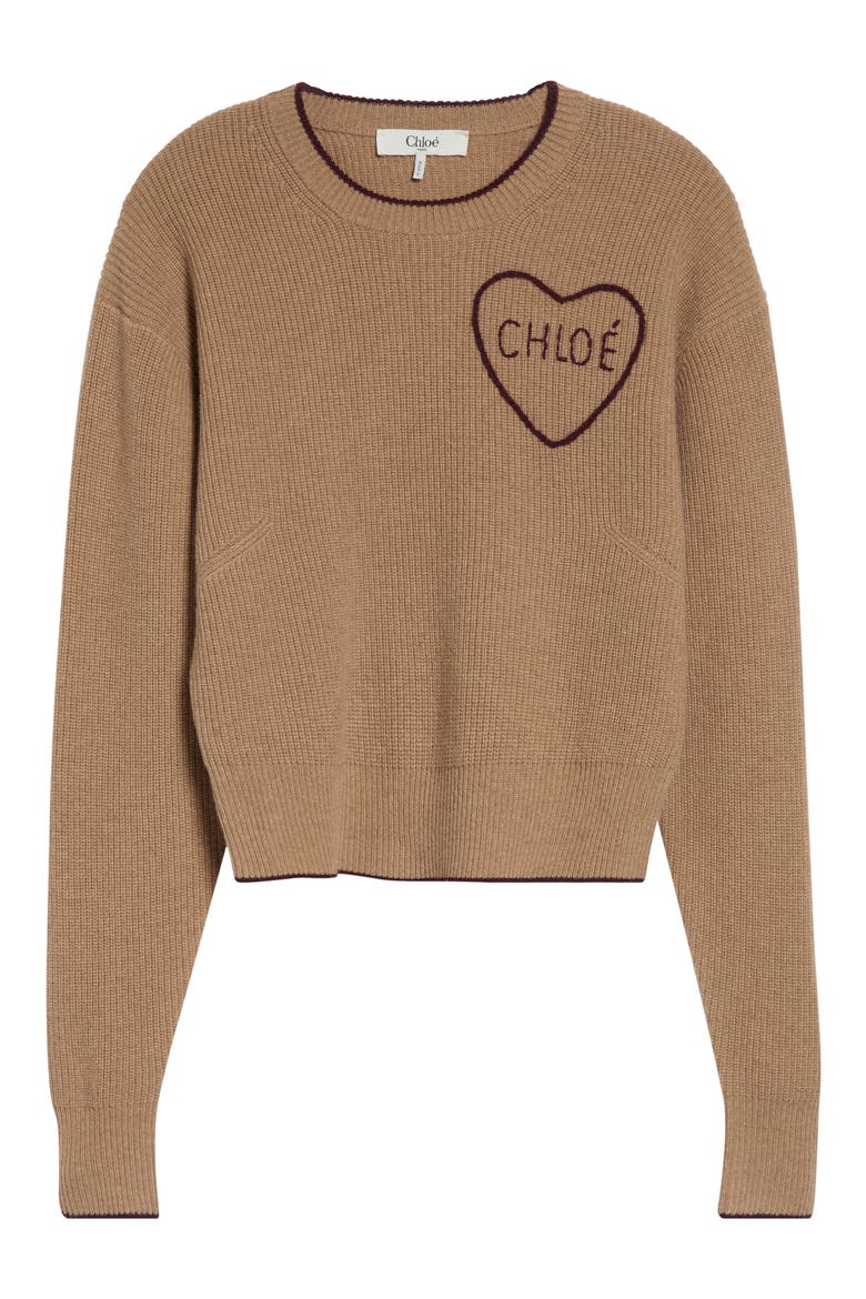 Embroidered Logo Heart Wool & Cashmere Sweater, Alternate, color, BLEACHED BROWN