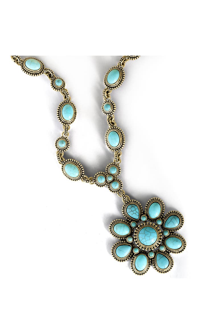 Women's Large Turquoise Stone Flower Necklace in Silver or Gold Tone, Alternate, color, Gold, turquoise
