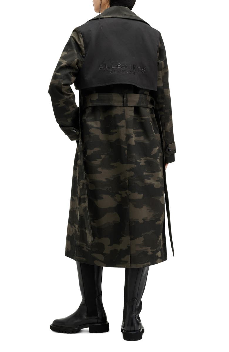 AllSaints Mixie Tie Waist Double Breasted Camo Trench Coat, Alternate, color,