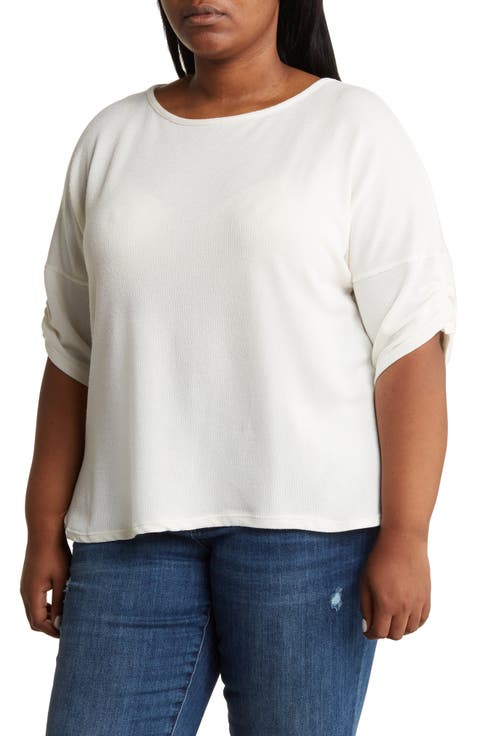 Ruched Sleeve Ribbed Top (Plus)
