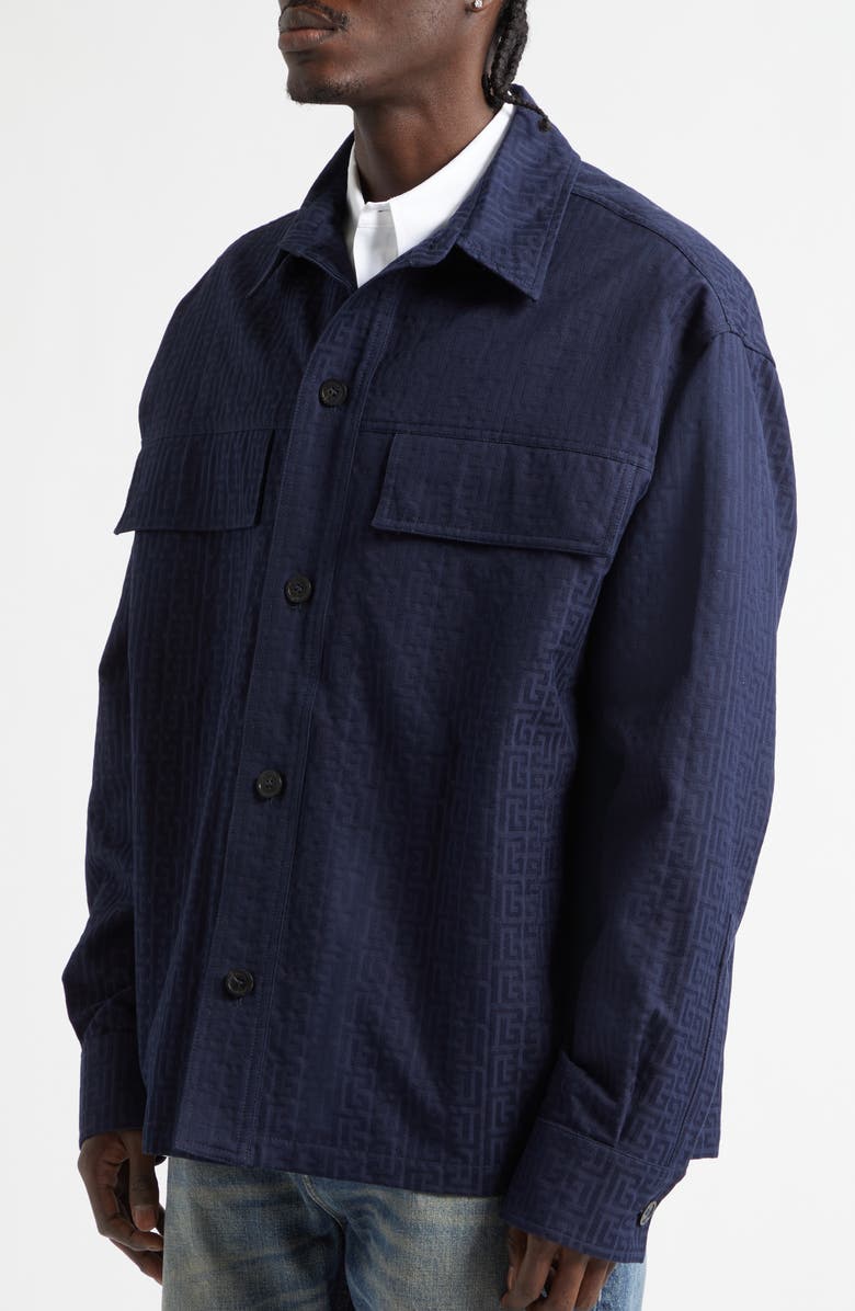 Balmain Monogram Cotton Jacquard Button-Up Shirt, Alternate, color, 6Ub Marine