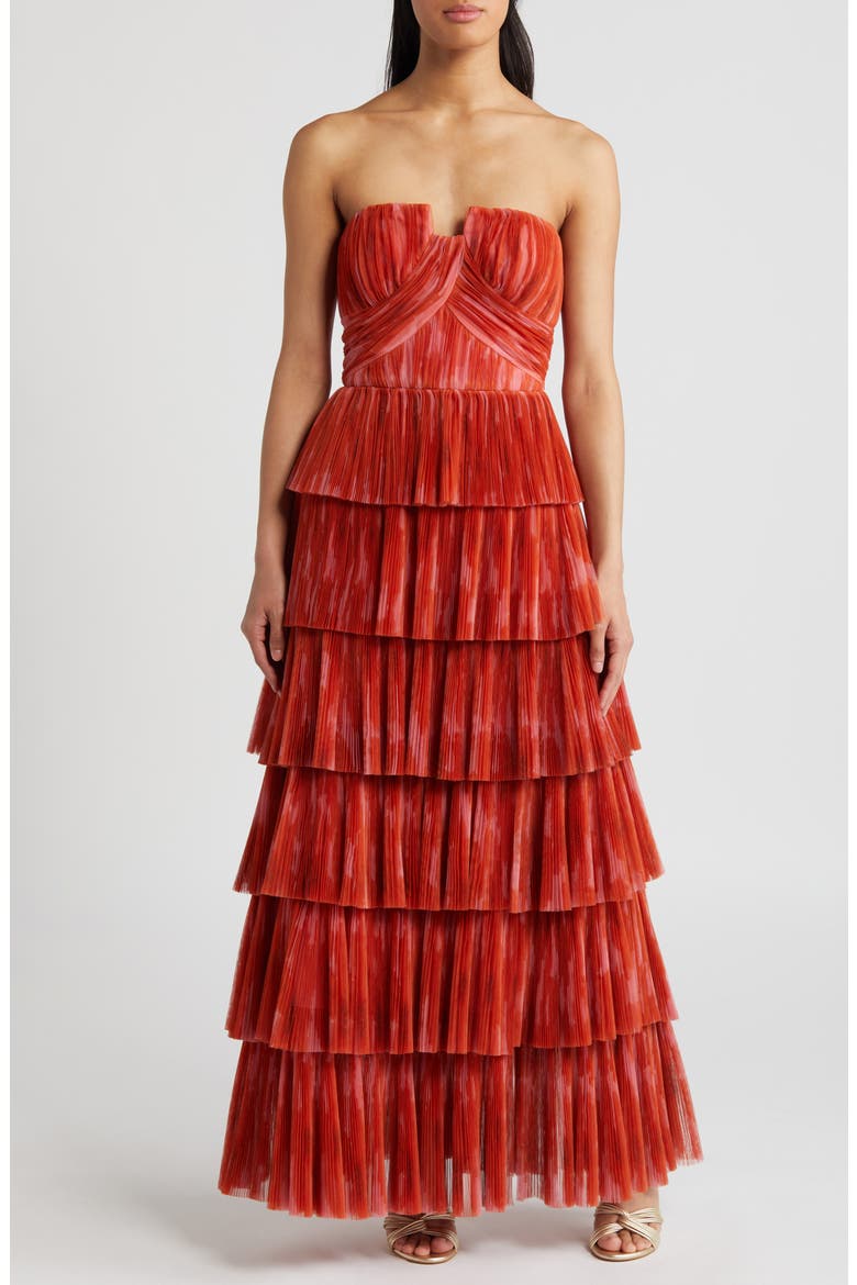Simi Plissé Ruffle Strapless Gown, Main, color, ORANGE ROMANTIC FLORAL