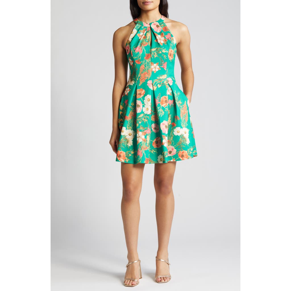 Vince Camuto Floral Print Pleated Sleeveless Dress In Green Mult