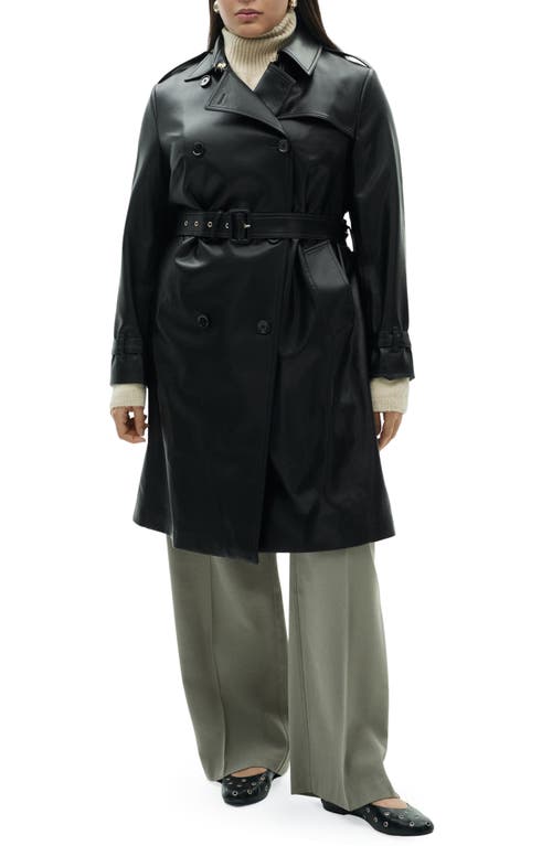 Mango Double Breasted Belted Faux Leather Trench Coat In Black