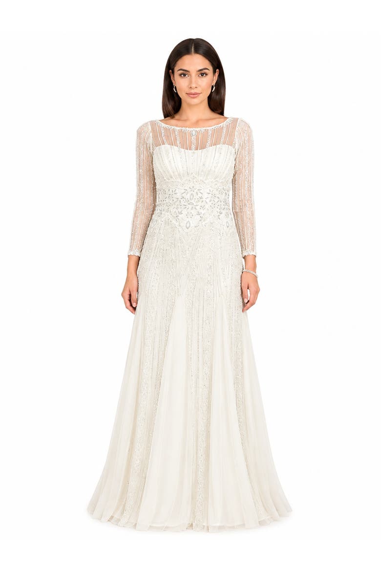 Beaded Faux-Wrap V-Neck Bridal Gown, Main, color, Ivory