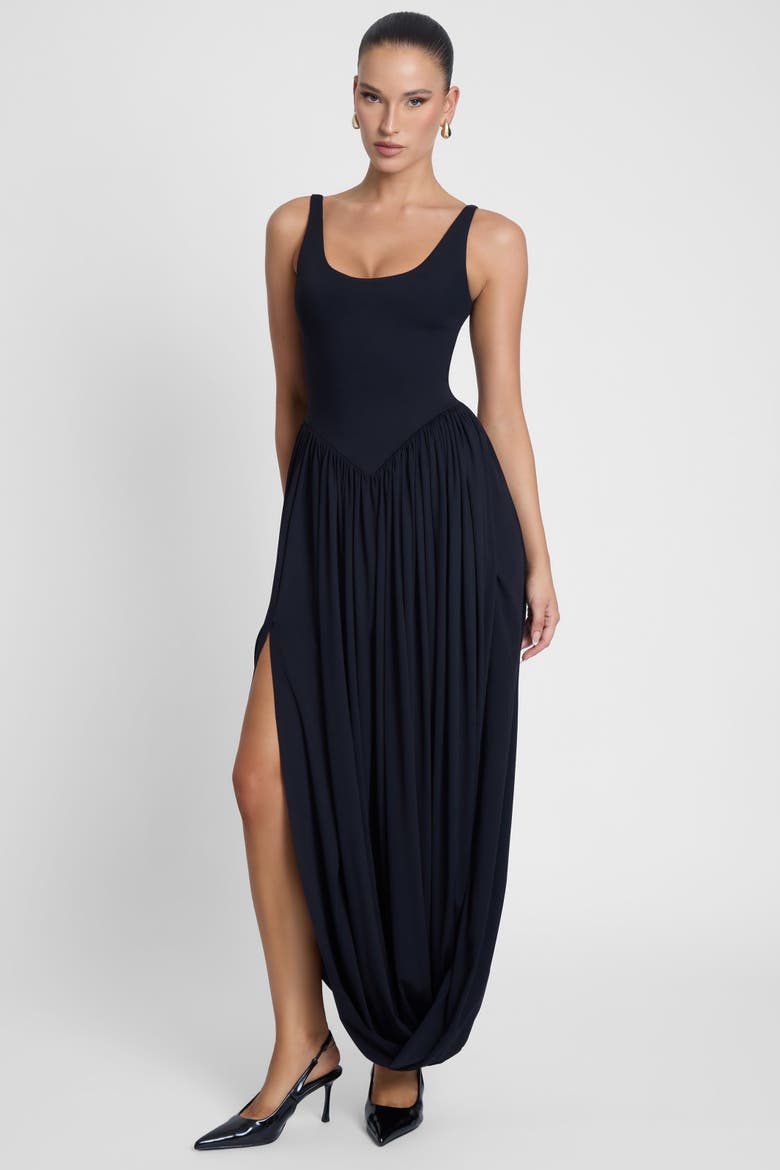 Dionysus Sculpt Drape Midi Dress, Alternate, color, Black