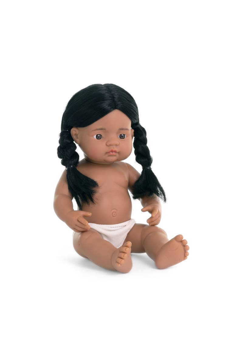 Miniland Native American Baby Doll with Long Black Hair - 15'', Main, color, Brown