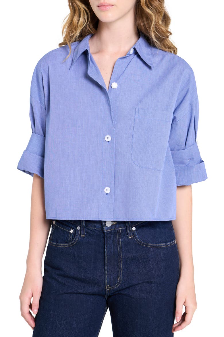 Next Ex Crop Cotton Button-Up Shirt, Main, color, WHITE/ NAVY