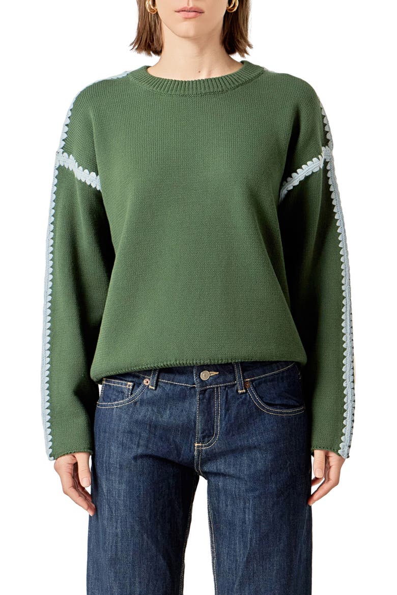 Stitch Detail Relaxed Fit Cotton Sweater, Main, color, MOSSMULTI