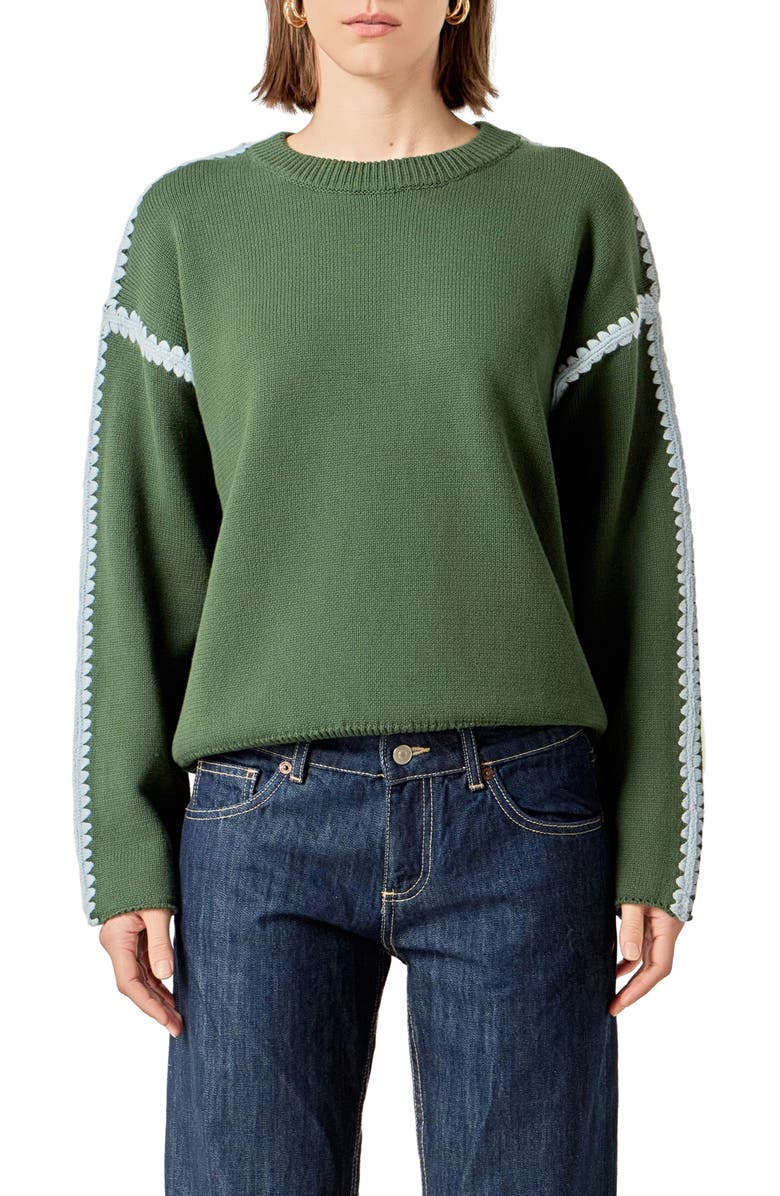 English Factory Stitch Detail Relaxed Fit Cotton Sweater, Main, color, Moss Multi