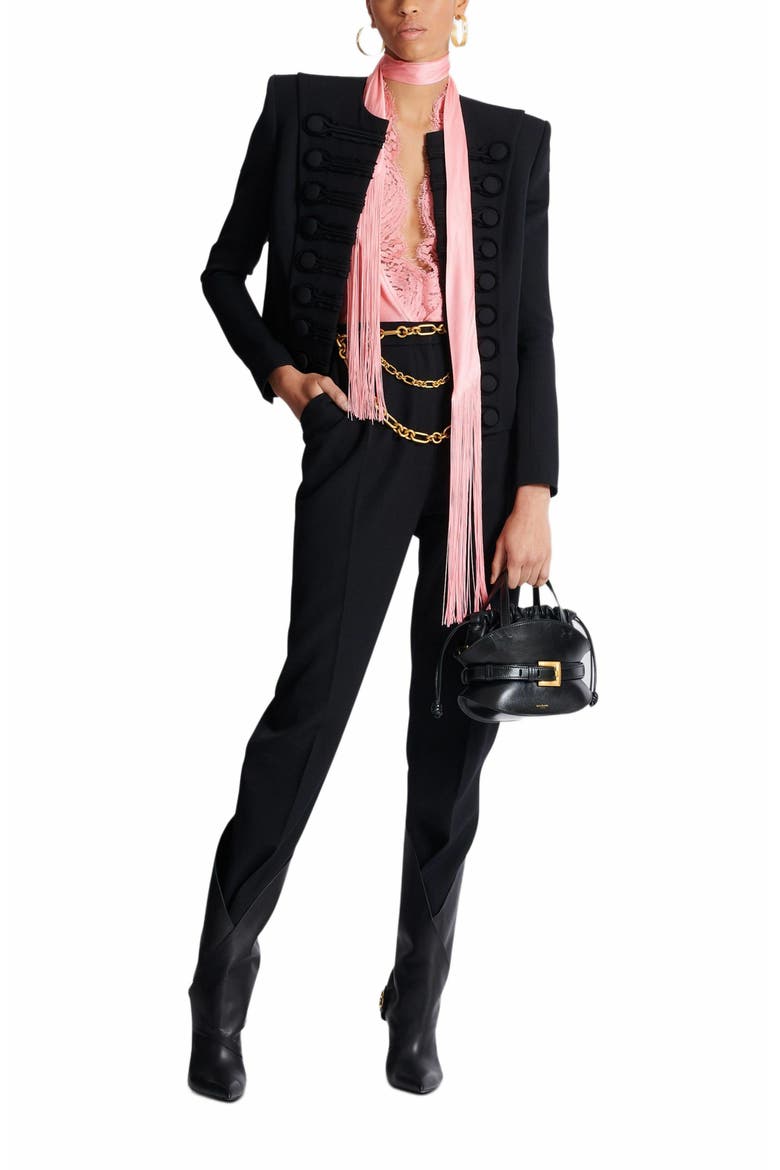 High-Waisted Grain De Poudre Trousers, Alternate, color, Black