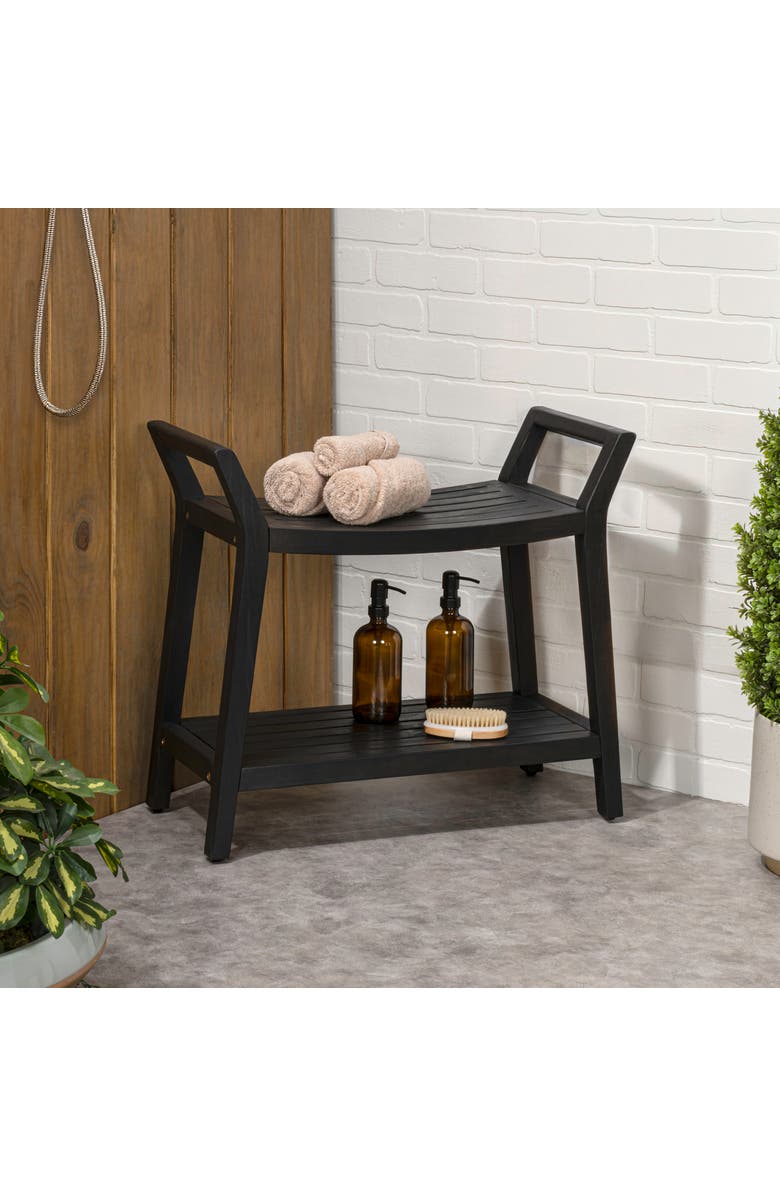 JONATHAN Y Orla 25.6" Modern Classic Slatted Solid Acacia Wood Indoor/Outdoor Shower Bench with Shelf and Handle, Alternate, color, Black