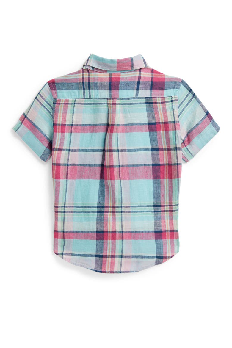Kids' Plaid Short Sleeve Linen Madras Button-Down Shirt, Alternate, color, SEAFOAM PINK MULTI