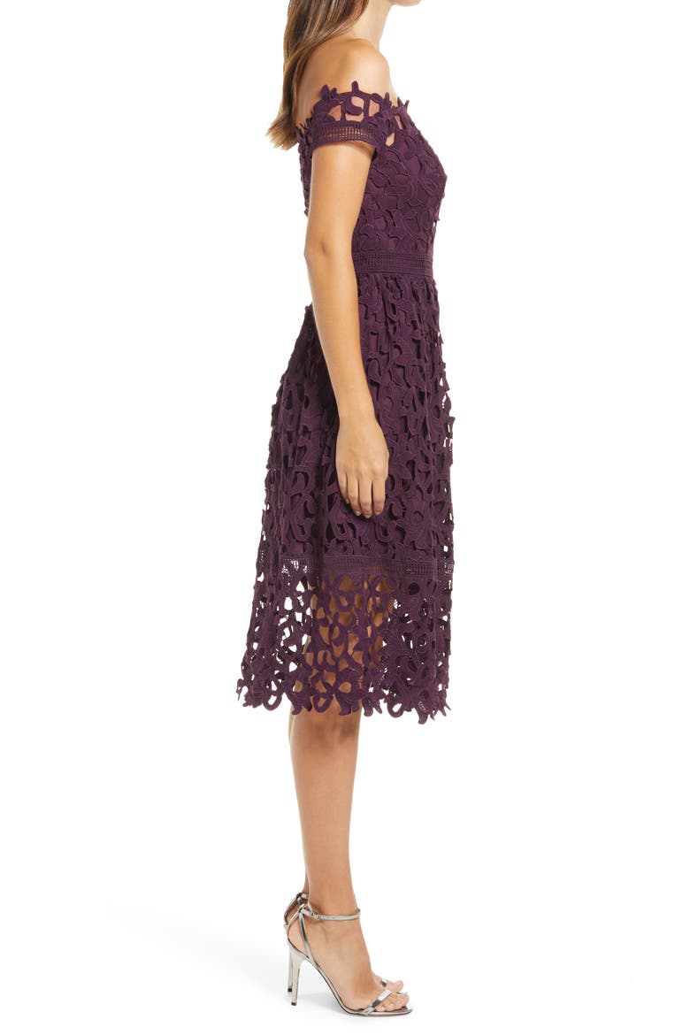 Lizana Off the Shoulder Lace Fit & Flare Dress, Alternate, color, BERRY