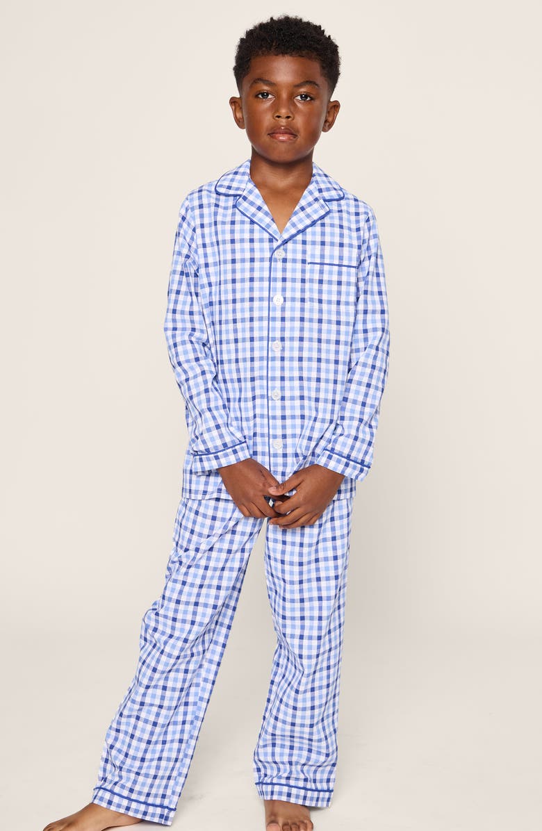 Petite Plume Kids' Gingham Cotton Blend Twill Two-Piece Pajamas, Alternate, color, Blue