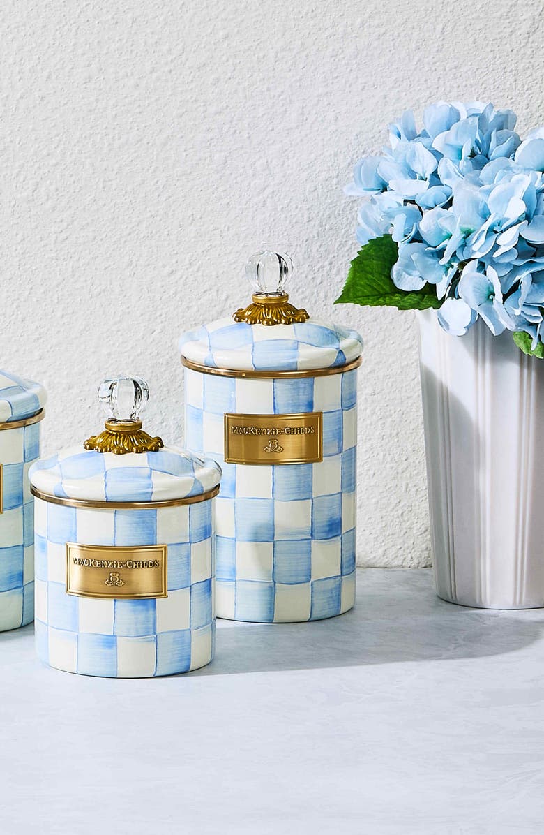 MACKENZIE CHILDS Sky Check Large Enameled Steel Canister, Alternate, color, Sky Check