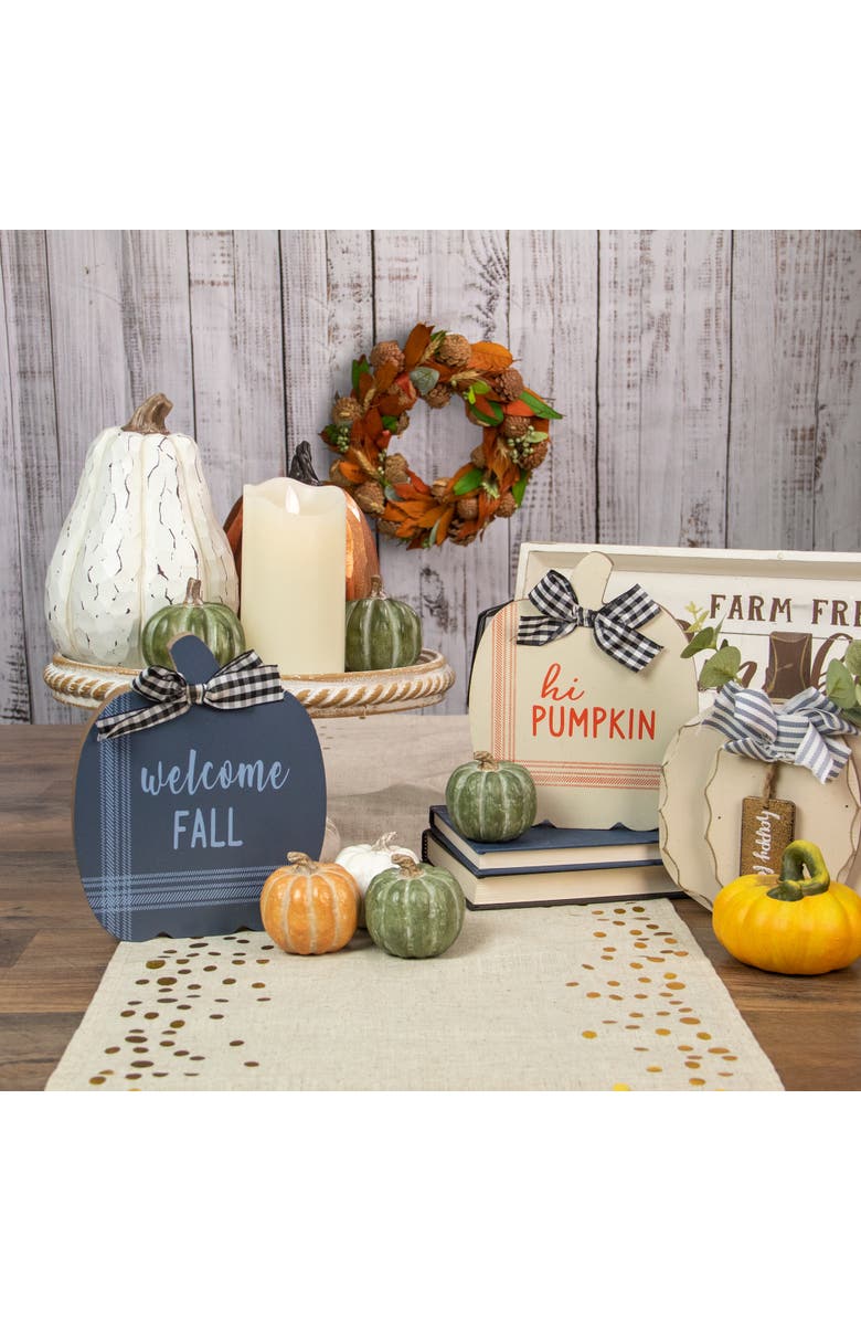 Northlight Fall Harvest Wooden "Hi Pumpkin" and "Welcome Fall" Plaques with Bow - 8" - Set of 2, Alternate, color, Blue