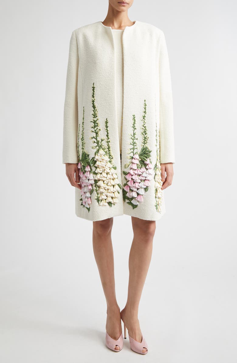 Oscar de la Renta Floral Embroidered Tweed Dress, Alternate, color, Ivory