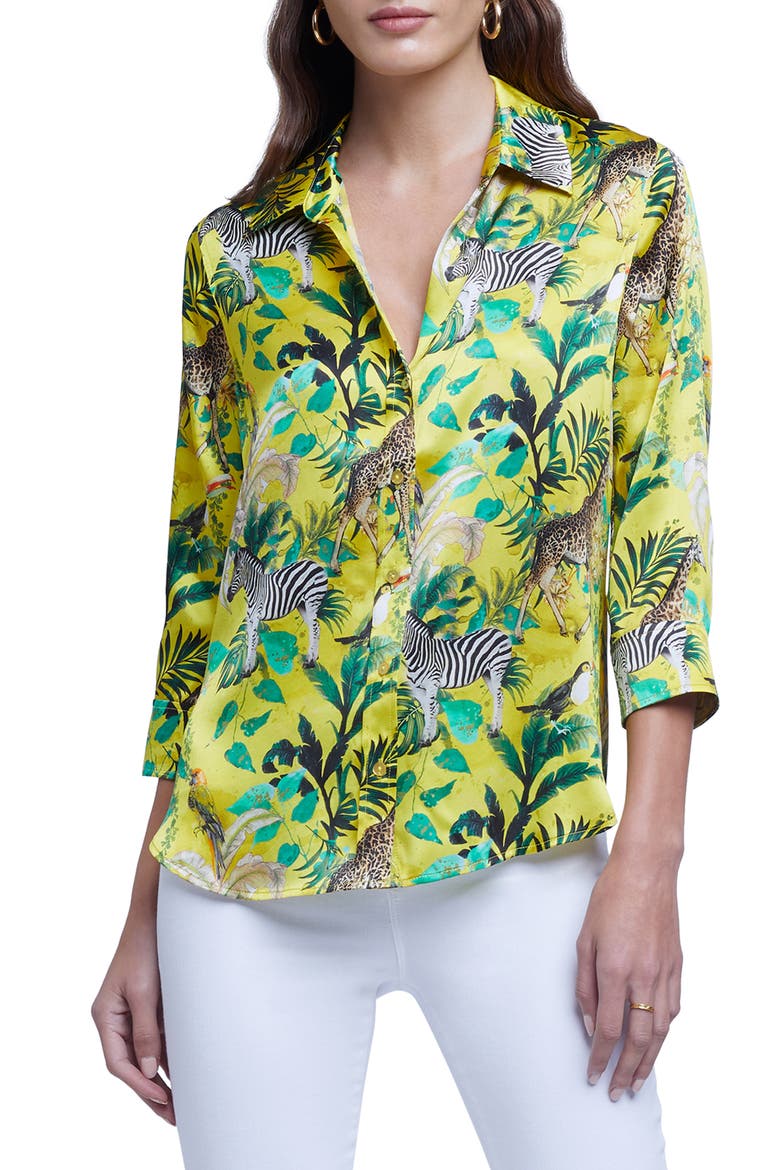 Dani Veldt Print Silk Blouse, Main, color, LT MAIZE MULTI ANIMAL JUNGLE