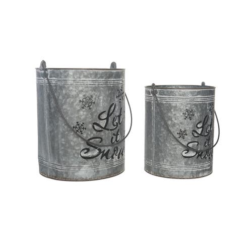 Transpac Silver Christmas Let It Snow Bucket Lanterns Set Of 2 Metal In Silver