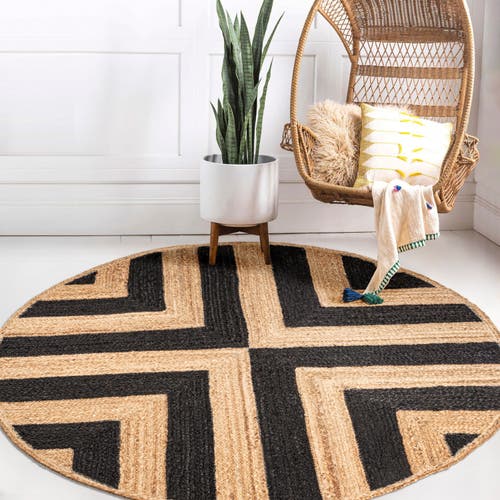Jonathan Y Piper Two-tone Chevron Round Jute Round Area Rug In Black/natural