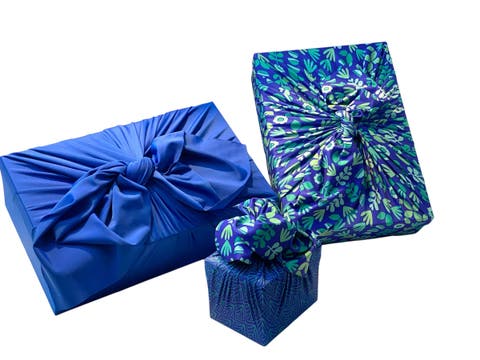 Set of 3 - Reusable Cloth Furoshiki Gift Wrap | Blue Botanical