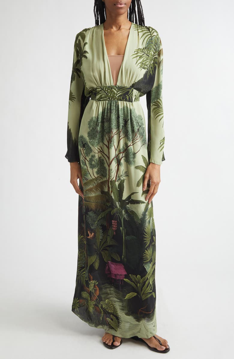 Johanna Ortiz Rodeo Rhythms Long Sleeve Silk Maxi Dress, Main, color, Green