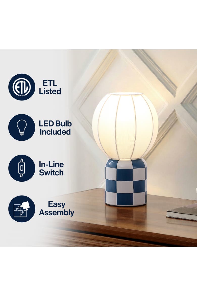 Valarie Contemporary Modern Checkerboard Ceramic with Ribbed Cocoon Globe Shade LED Mini Table Lamp, Alternate, color, Navy/White