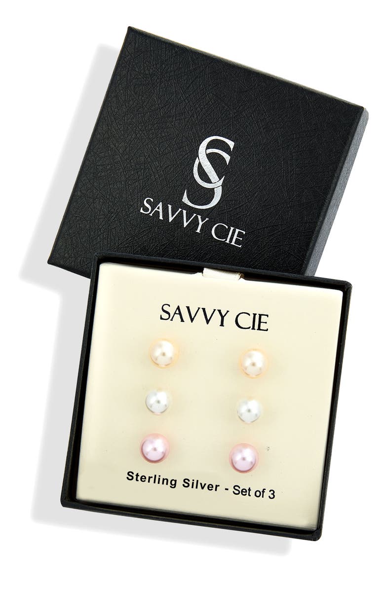 SAVVY CIE JEWELS Set Of 3 Mother-Of-Pearl Stud Earrings, Alternate, color, Silver/Pearl