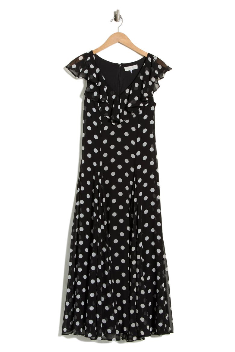 Ruffle Godet Midi Dress, Alternate, color, BLACK POLKA DOT