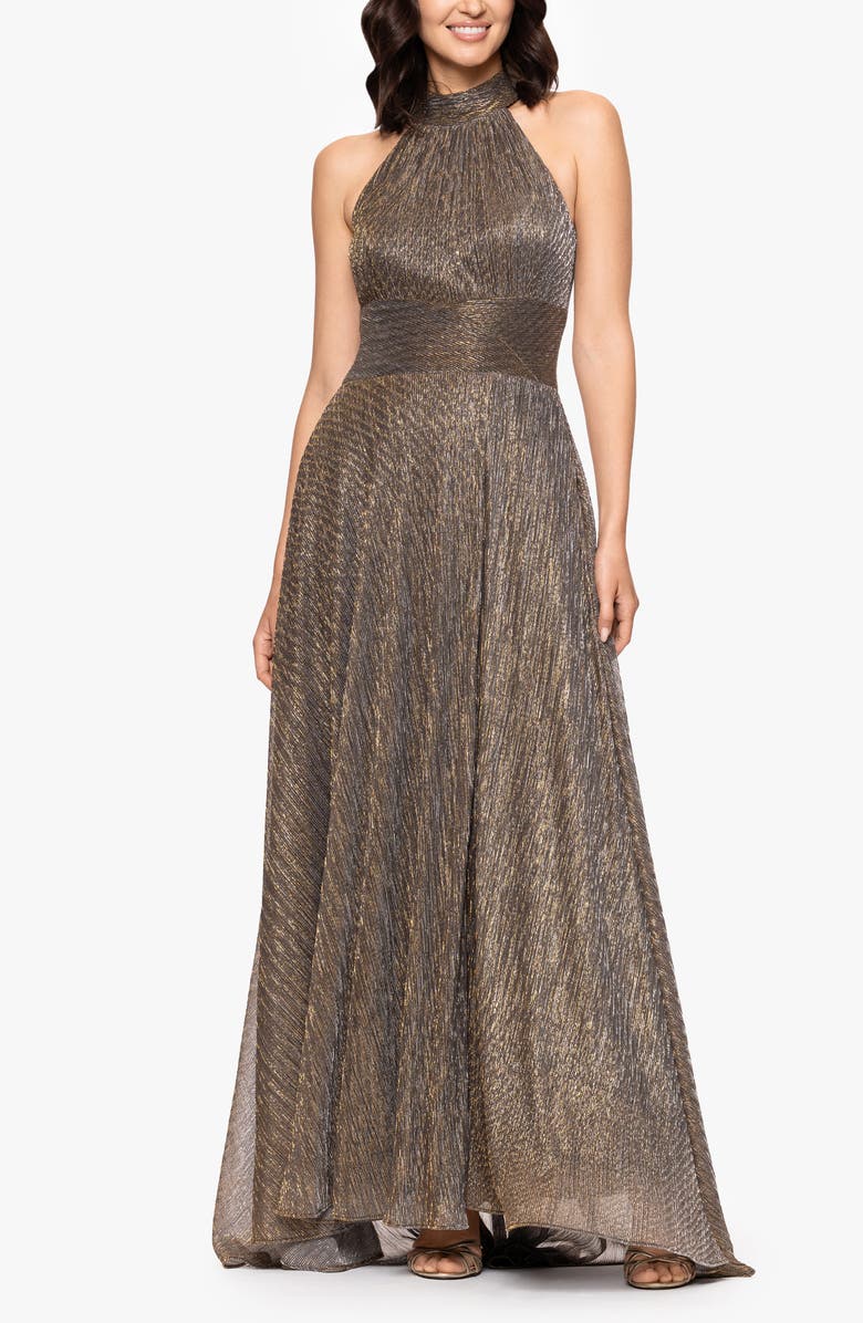 Betsy & Adam Halter Neck Sleeveless Crinkled Metallic A-Line Gown, Main, color, Mocha/ Gold