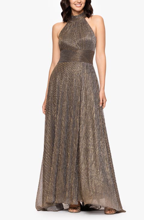 Halter Neck Sleeveless Crinkled Metallic A-Line Gown