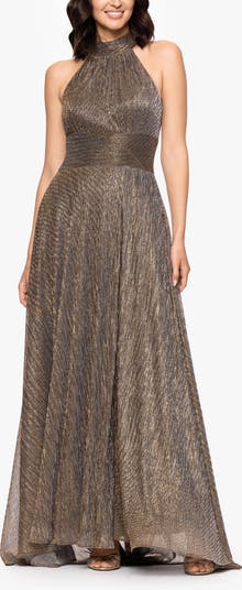 Betsy & Adam Halter Neck Sleeveless Crinkled Metallic A-Line
