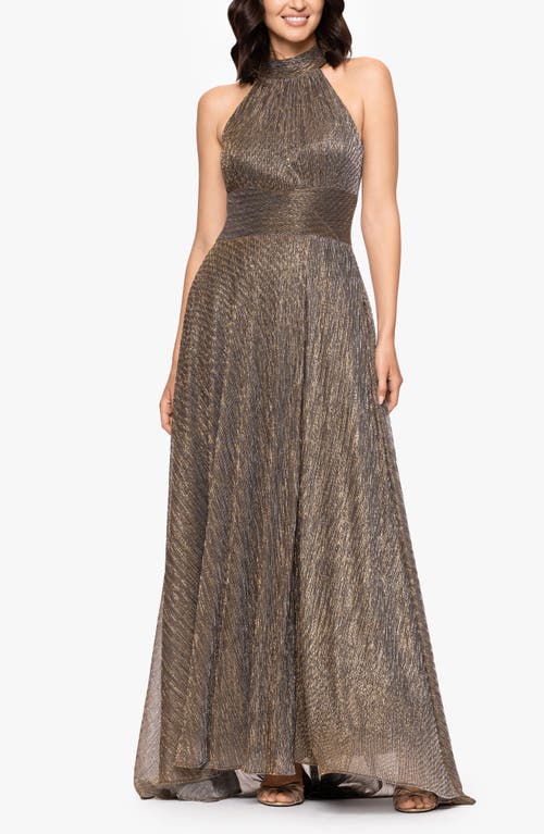 Betsy & Adam Halter Neck Sleeveless Crinkled Metallic A-line Gown In Multi