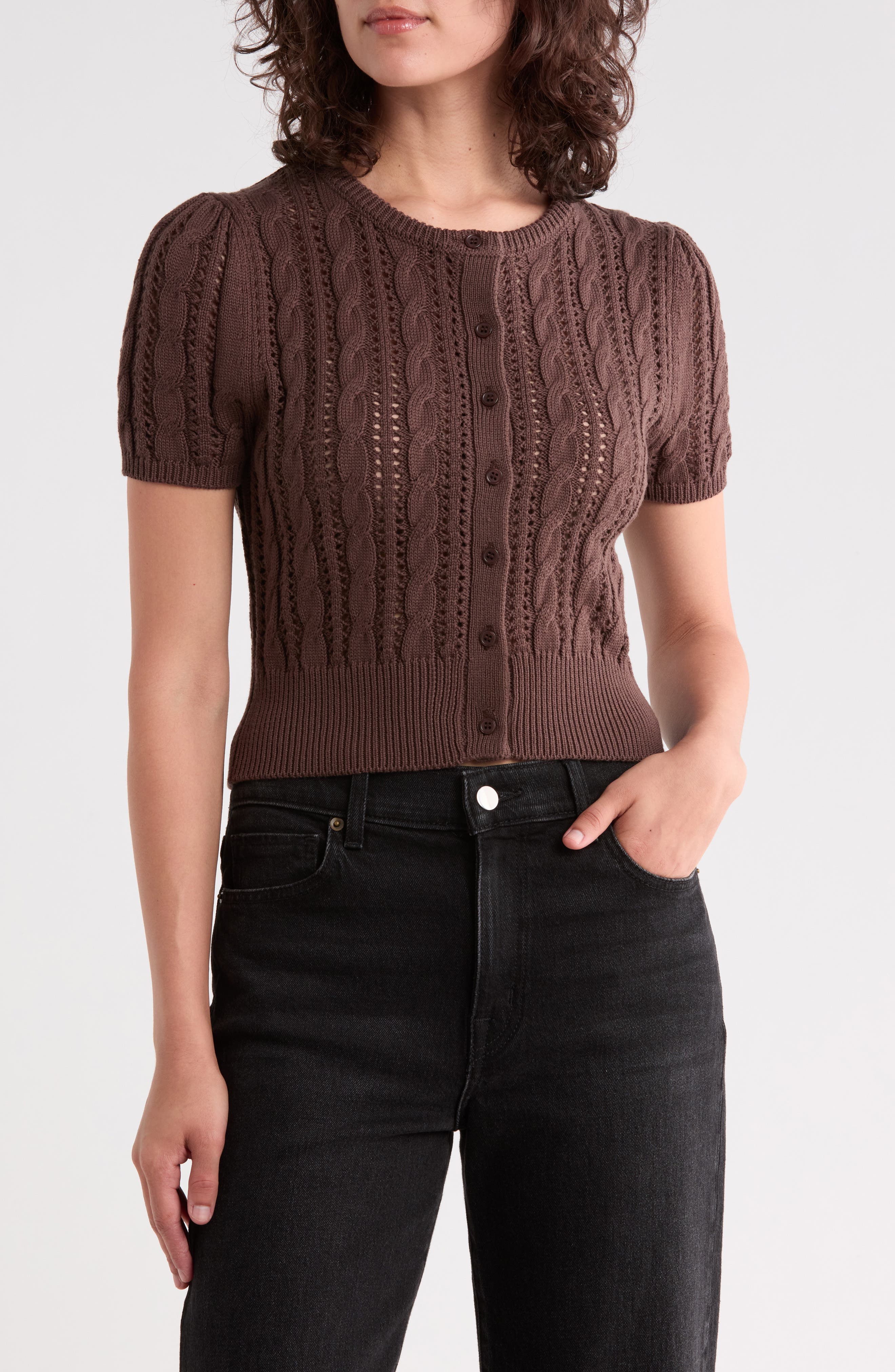 Crop Pointelle Short Sleeve Cardigan