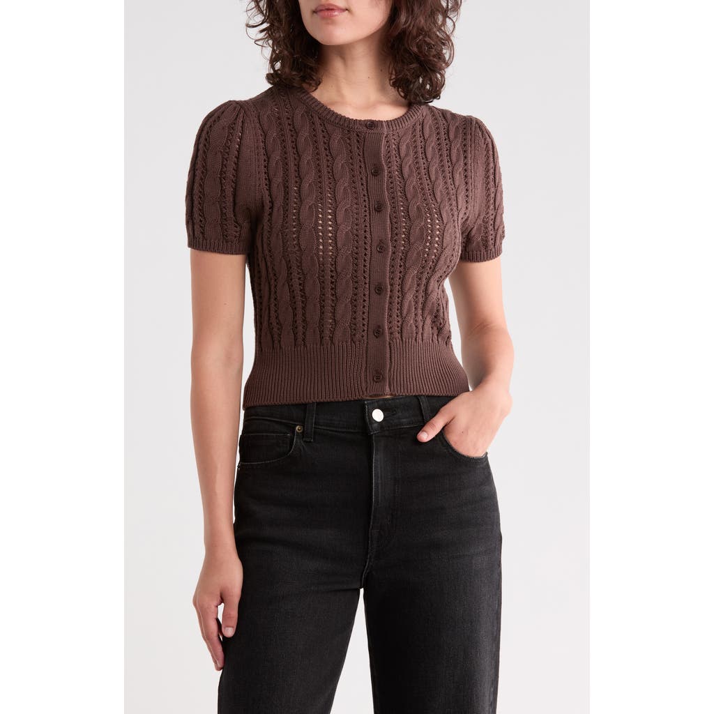 Vigoss Crop Pointelle Short Sleeve Cardigan In Brown