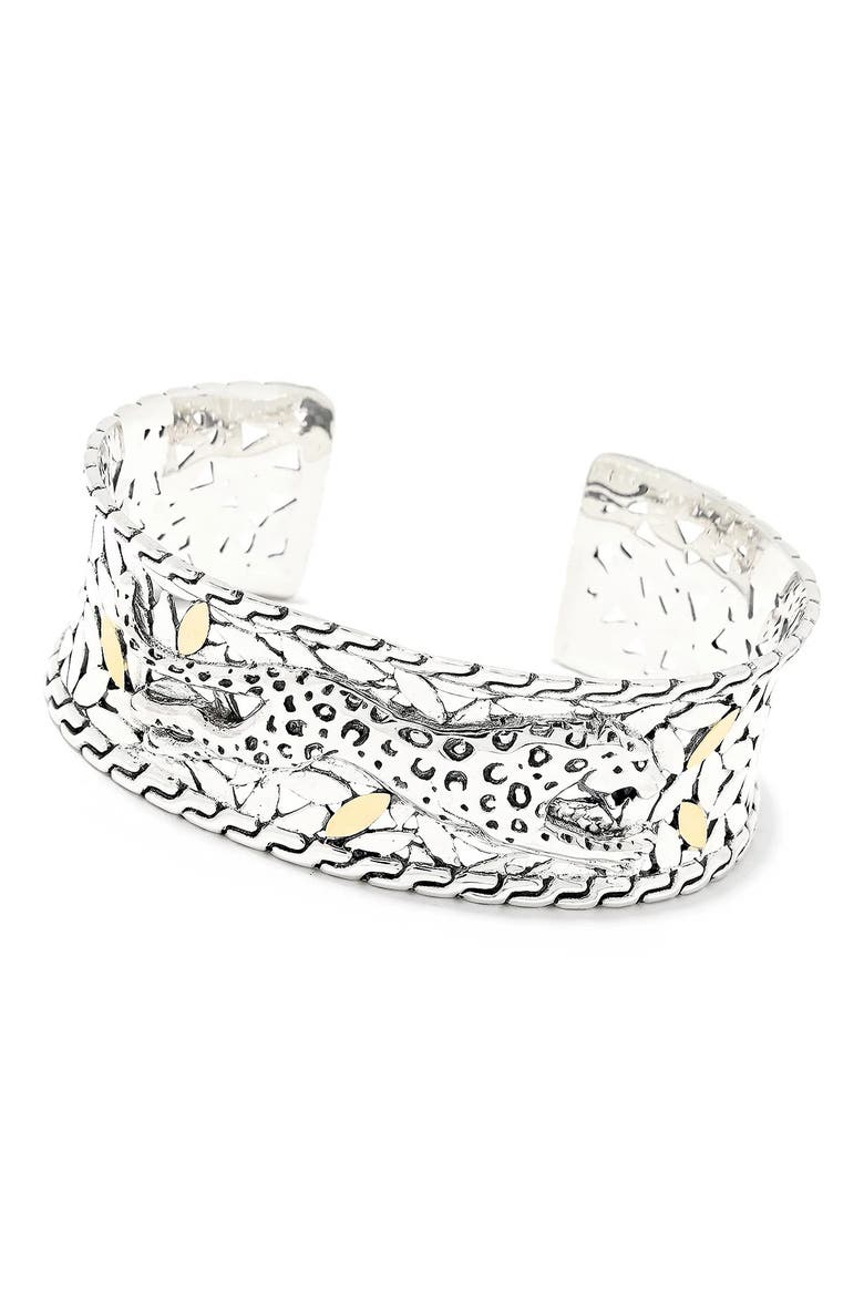 18k Gold & Sterling Silver Leopard Cuff Bracelet, Main, color, SILVER AND GOLD
