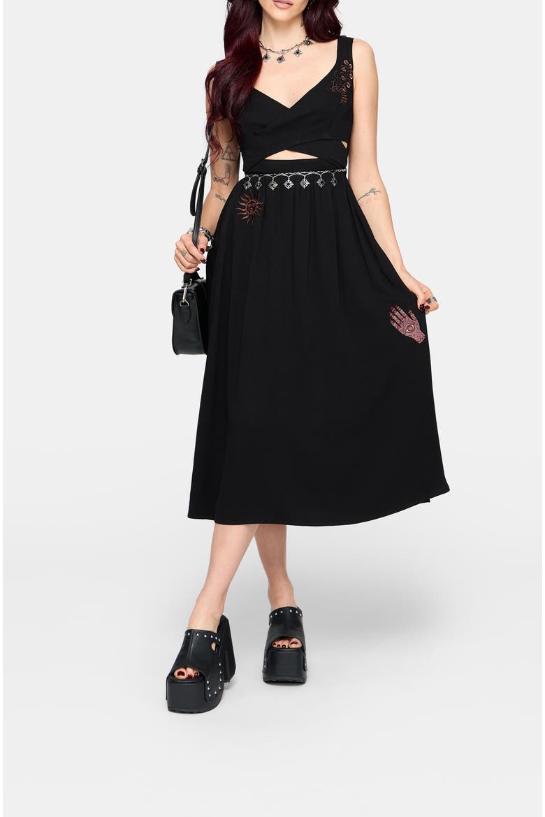 Mireth Embroidered Wrap Front Midi Dress, Main, color, Black