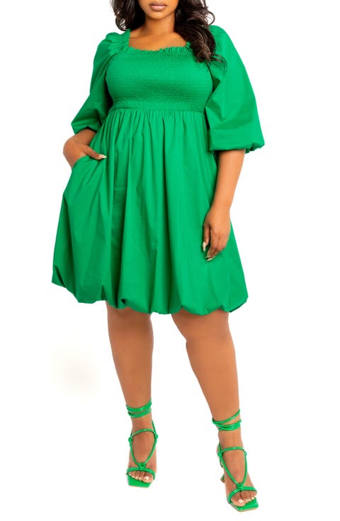 Smocked Puff Sleeve Cotton Blend Dress (Plus)
