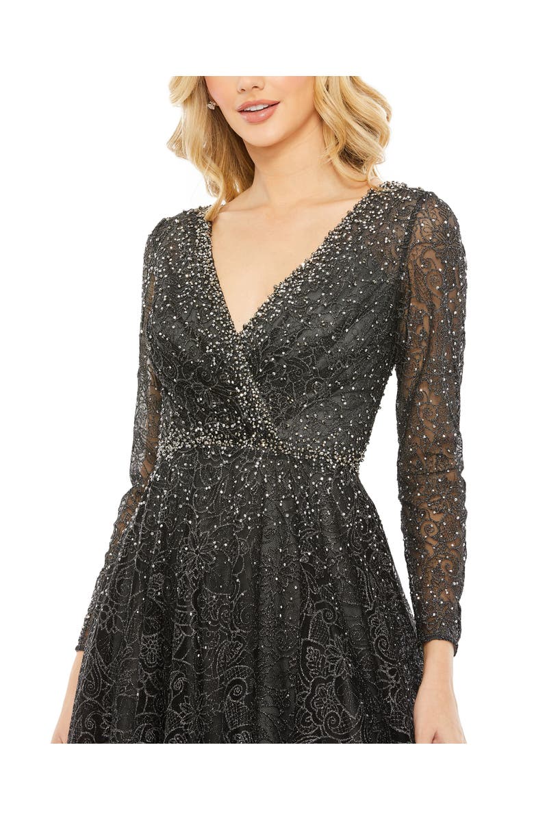 Mac Duggal Embellished Illusion Long Sleeve V Neck Gown, Alternate, color, Graphite