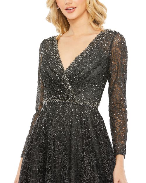 Mac Duggal Embellished Illusion Long Sleeve V Neck Gown In Graphite