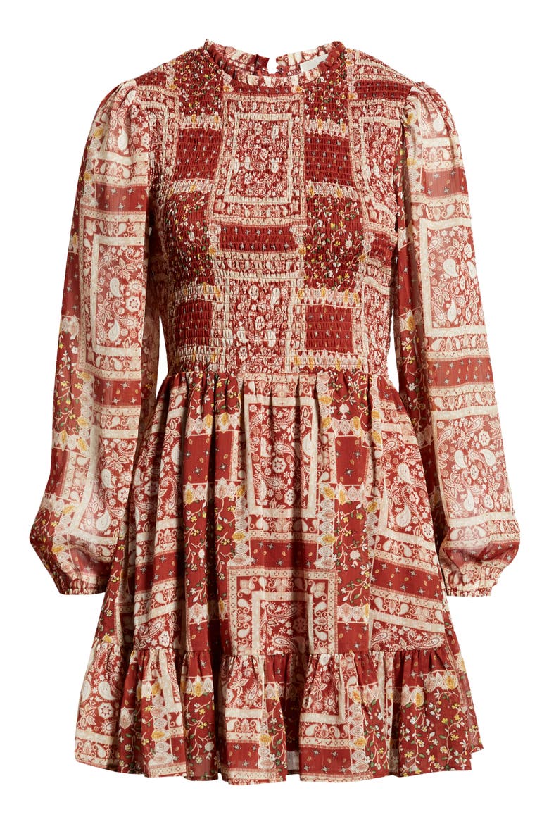 Patchwork Smocked Long Sleeve Minidress, Alternate, color, RUST