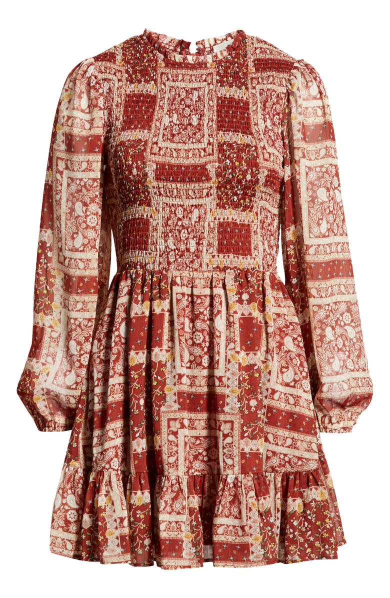 Row A Patchwork Smocked Long Sleeve Minidress, Alternate, color,