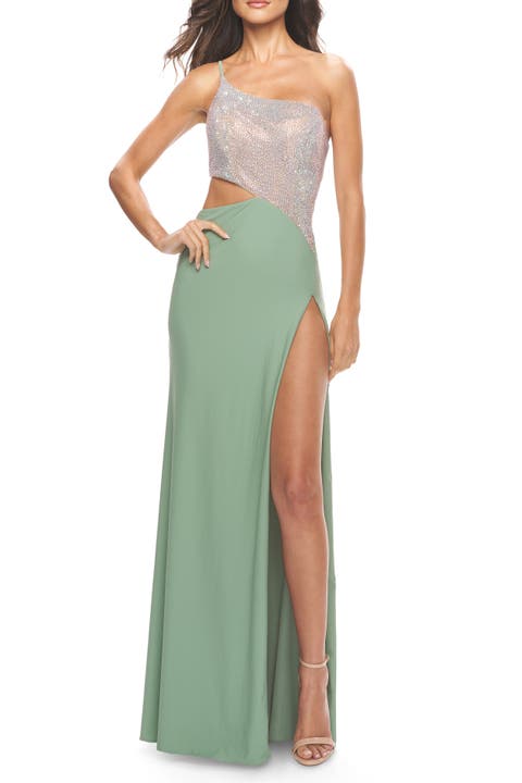 One Shoulder Dress with Side Cut Out and Rhinestone Bodice