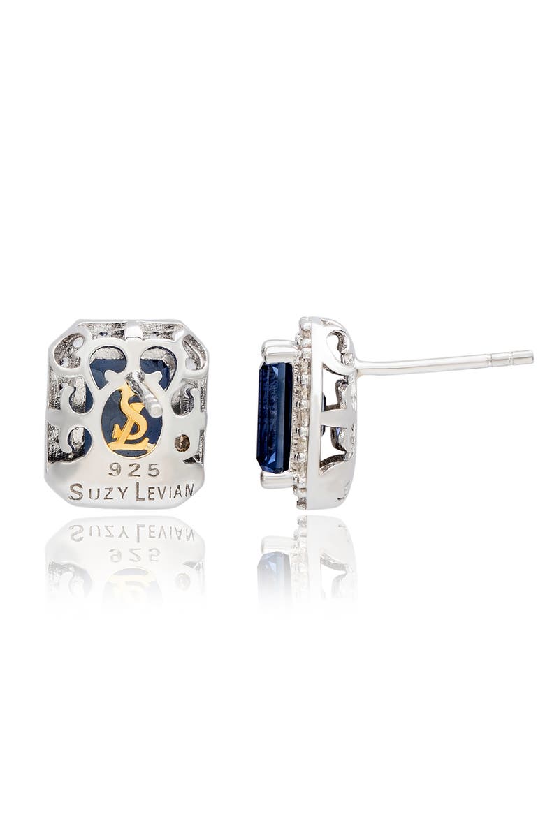 SUZY LEVIAN DIAMONDS Emerald Cut Blue Sapphire & Lab Grown White Sapphire Halo Stud Earrings, Alternate, color, Blue