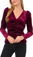 CeCe Ruched Puff Sleeve Stretch Velvet Top