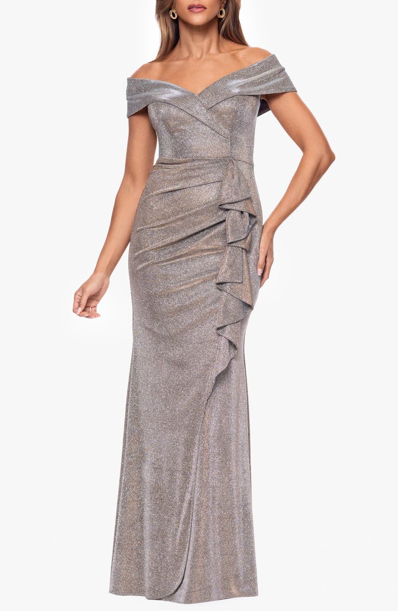 Xscape Evenings Cascade Ruffle Detail Off the Shoulder Metallic Knit Gown, Main, color, Sand