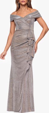 Xscape Evenings Cascade Ruffle Detail Off the Shoulder Metallic Knit Gown